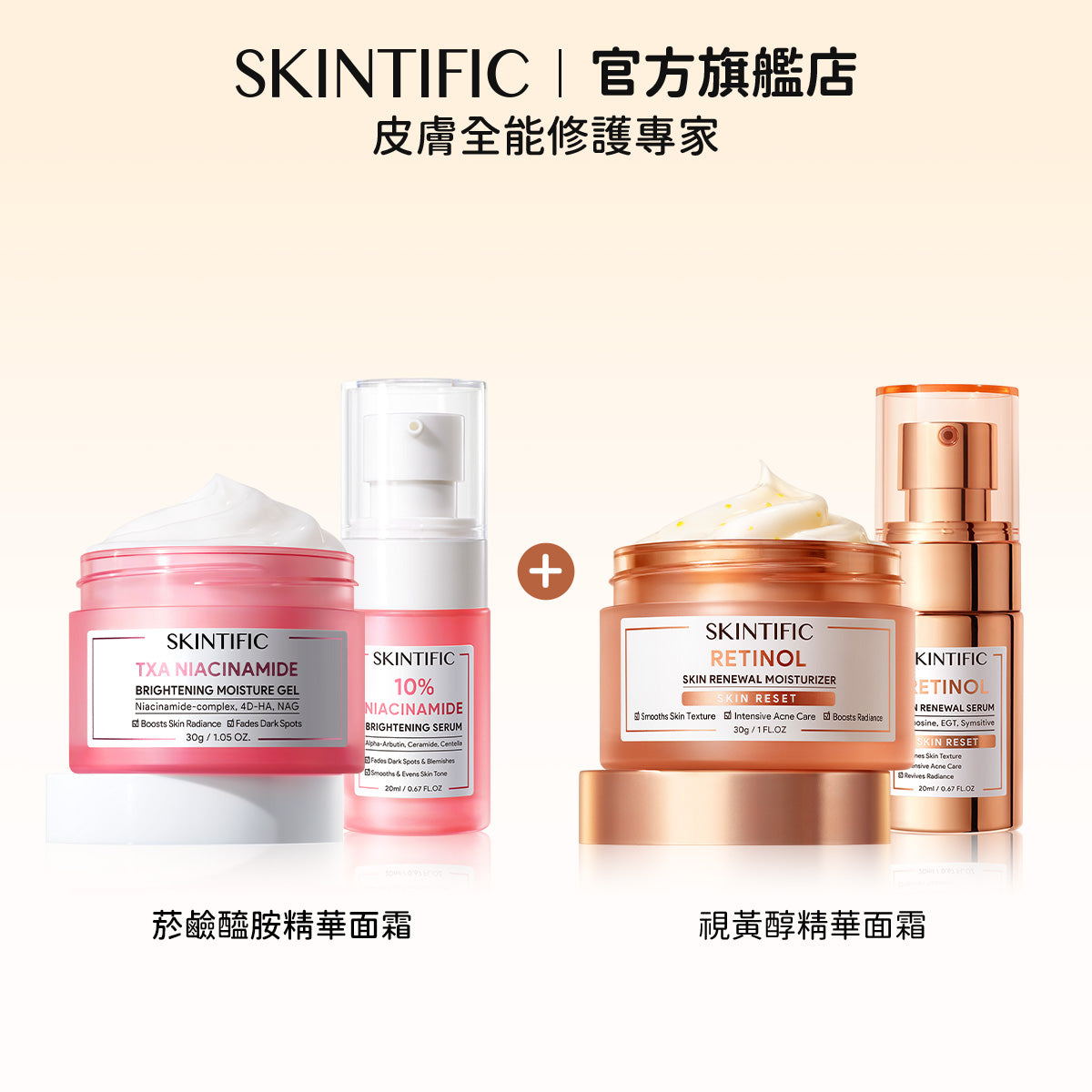 SKINTIFIC 日夜逆齡亮白組-視黃醇精華/保濕霜+377淡斑精華/保濕霜